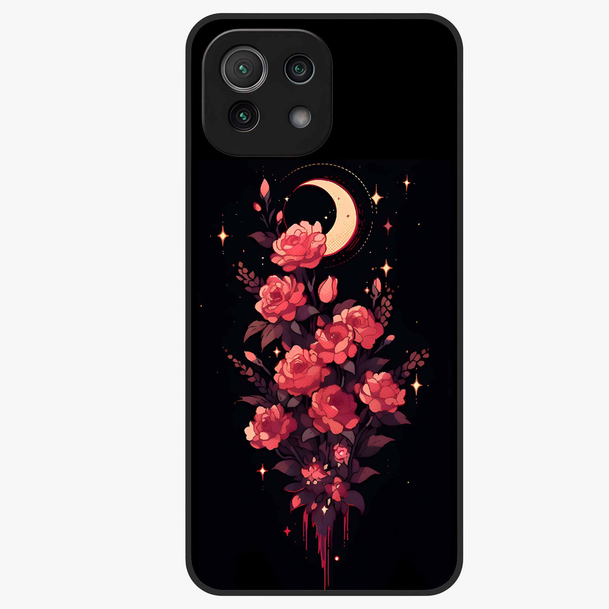 Moonlit Floral Elegance Glass Case showing flat back view with elegant floral artwork under moonlit tones and glossy glass finish.