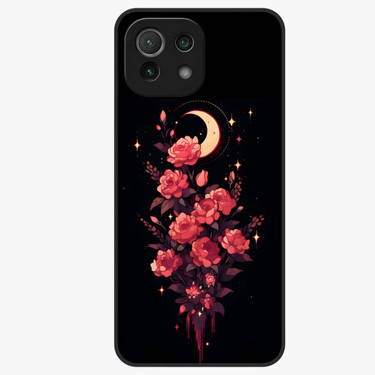 Moonlit Floral Elegance Glass Case showing flat back view with elegant floral artwork under moonlit tones and glossy glass finish.