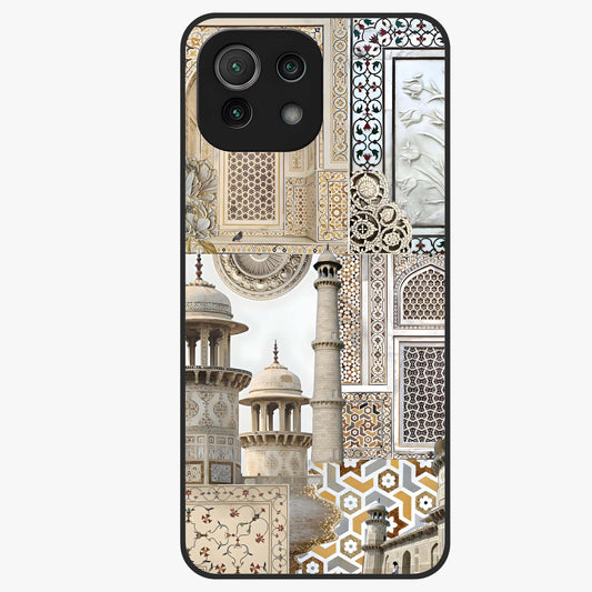 Mughal Marble Legacy Glass Case showing flat back view with intricate Mughal inspired marble pattern and glossy glass finish.
