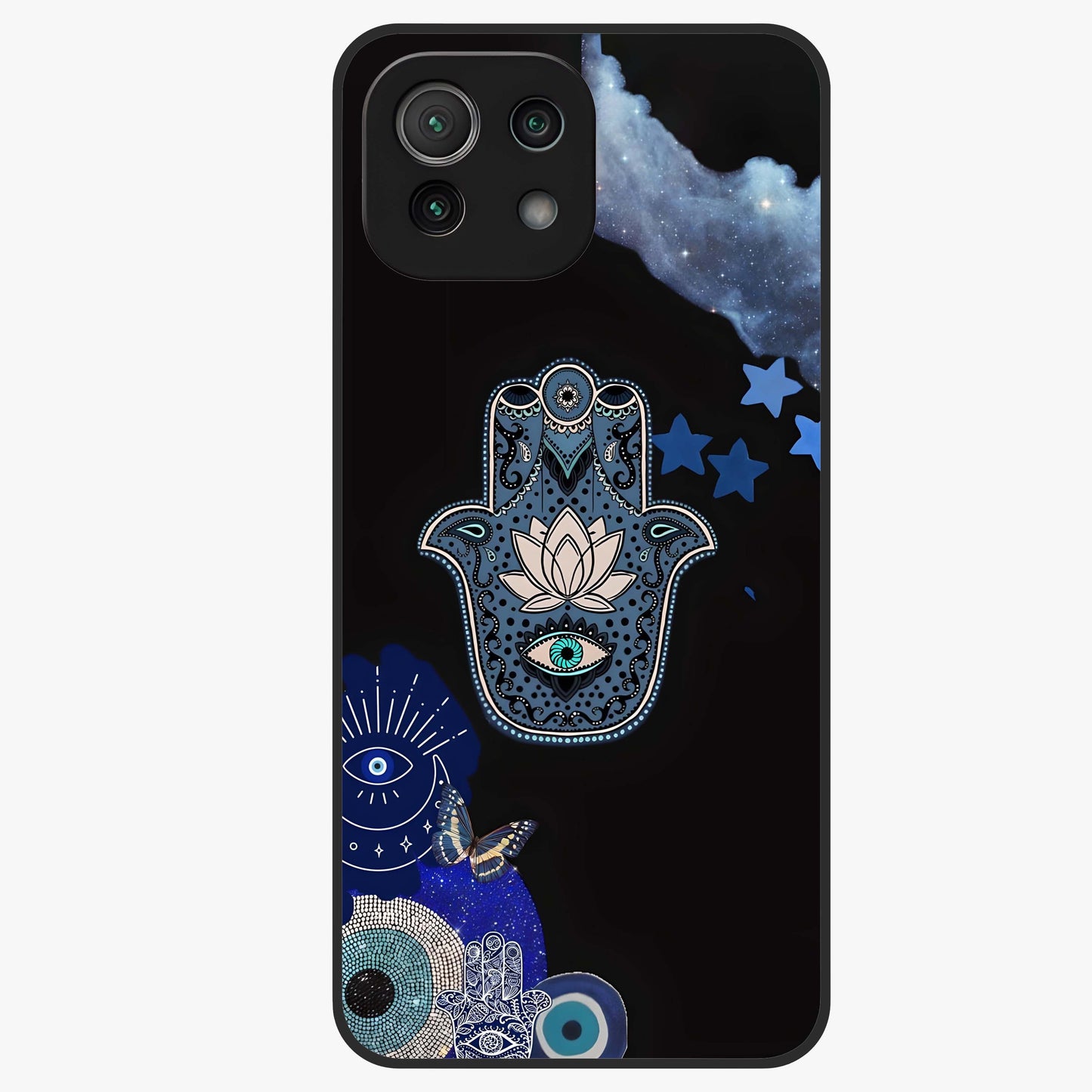 Mystic Hand Aura Glass Case showing flat back view with mystical hand symbol artwork and glossy glass finish.