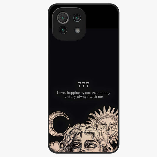 Mystic Victory Aura Glass Case showing flat back view with victory symbol artwork and glossy glass finish.