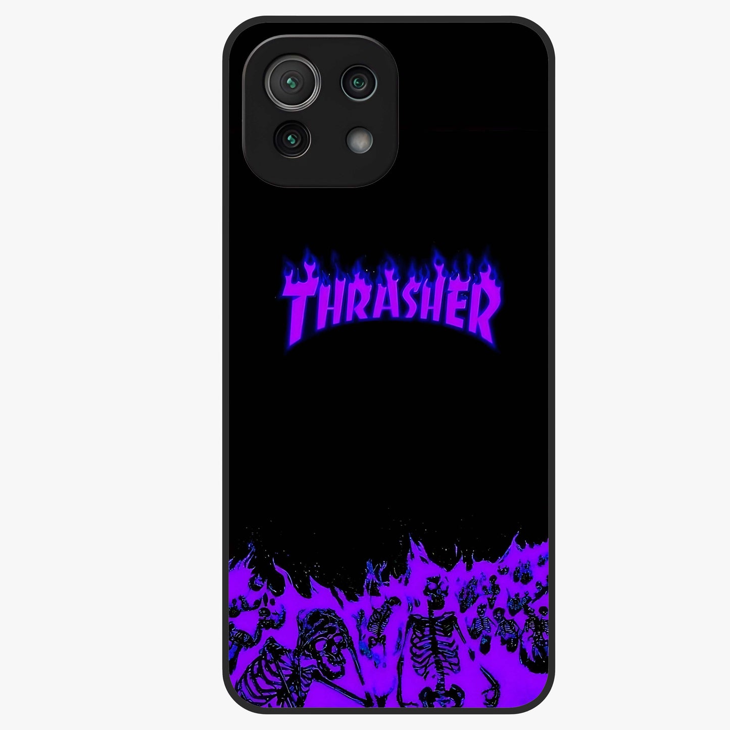 Neon Flame Riot Glass Case showing flat back view with neon flame artwork and glossy glass finish.