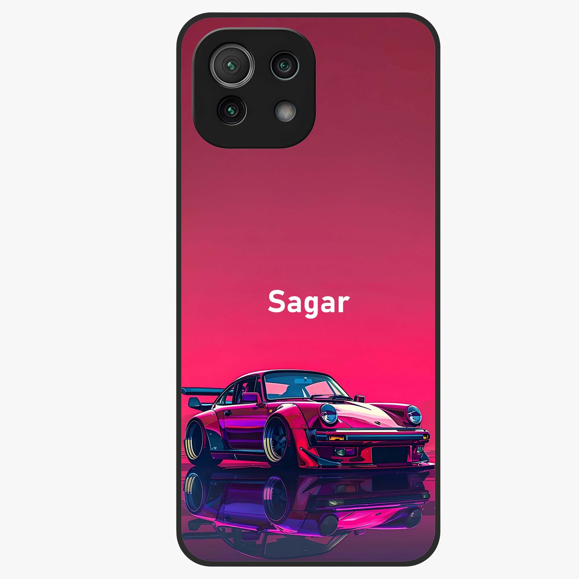 Neon Pink Porsche Glass Case showing flat back view with stylish sports car artwork and glossy glass finish.