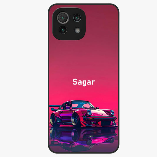 Neon Pink Porsche Glass Case showing flat back view with stylish sports car artwork and glossy glass finish.