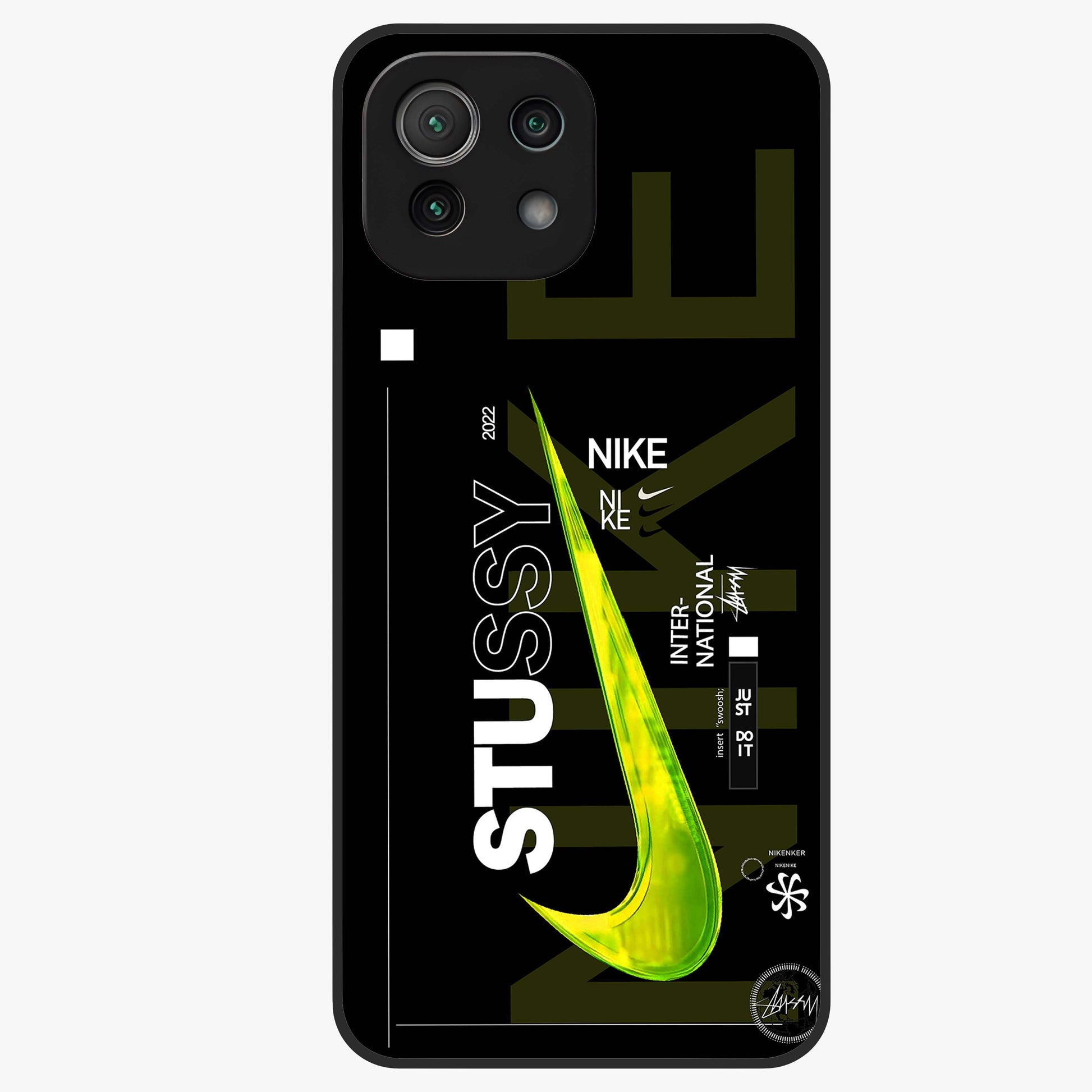 Neon Street Edition Glass Case showing flat back view with neon street style artwork and glossy glass finish.