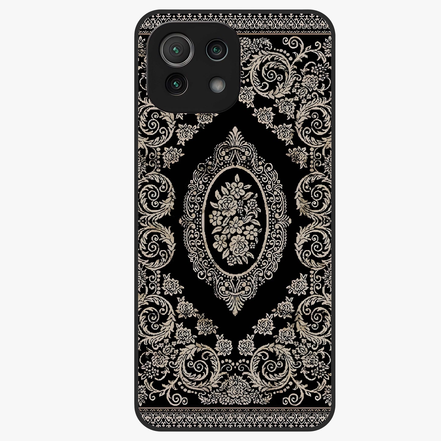 Noir Bloom Elegance Glass Case showing flat back view with elegant dark floral artwork and glossy glass finish.