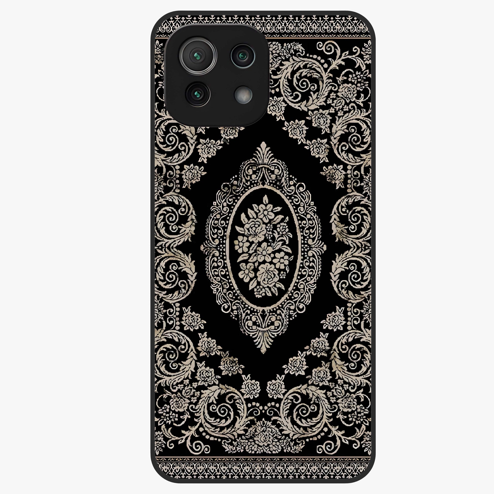 Noir Bloom Elegance Glass Case showing flat back view with elegant dark floral artwork and glossy glass finish.