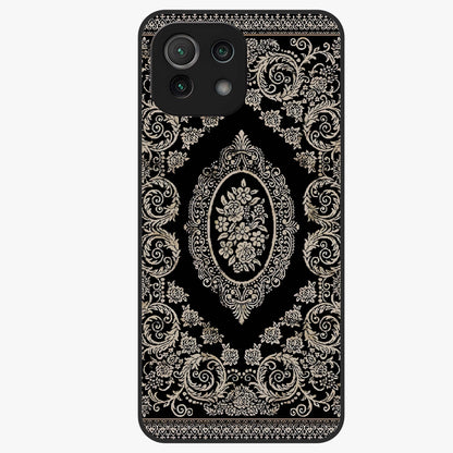 Noir Bloom Elegance Glass Case showing flat back view with elegant dark floral artwork and glossy glass finish.