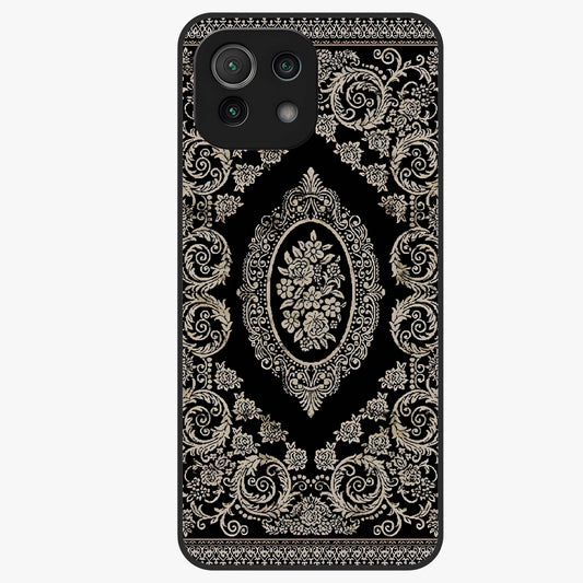 Noir Bloom Elegance Glass Case showing flat back view with elegant dark floral artwork and glossy glass finish.