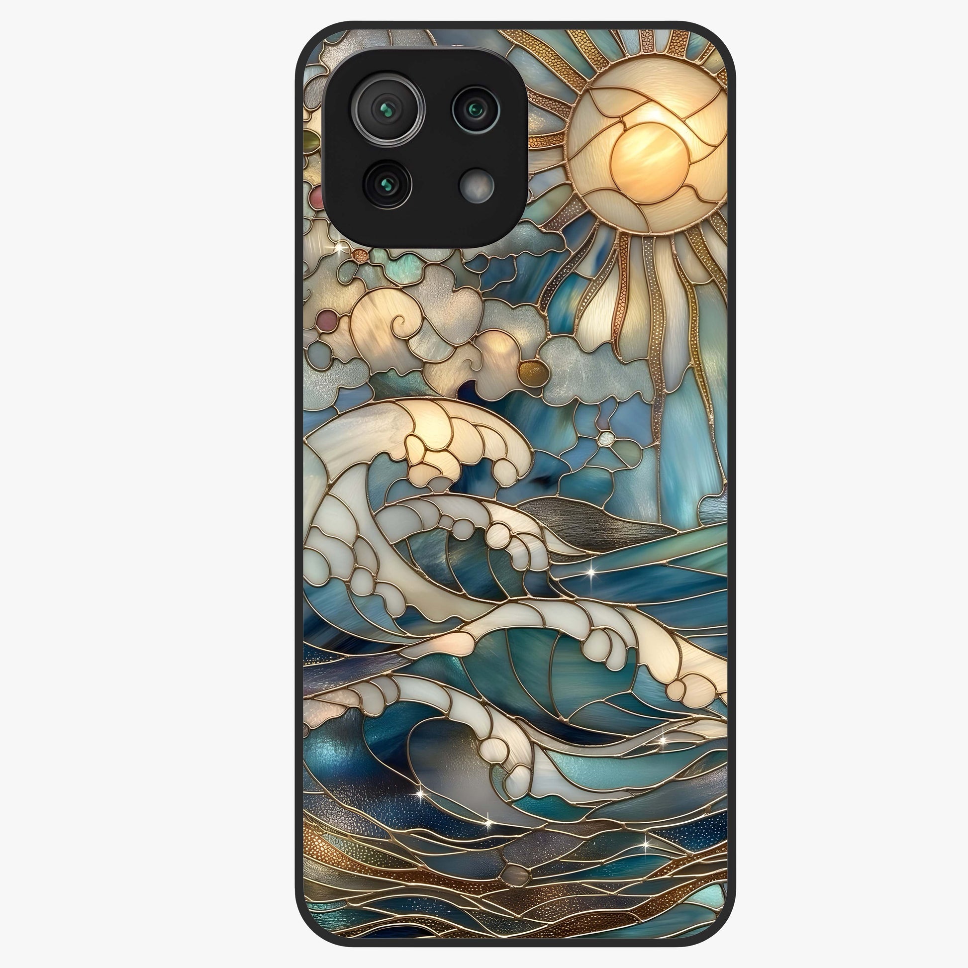 Oceanic Stained Printed Glass Case showing flat back view with ocean inspired stained pattern artwork and glossy glass finish.