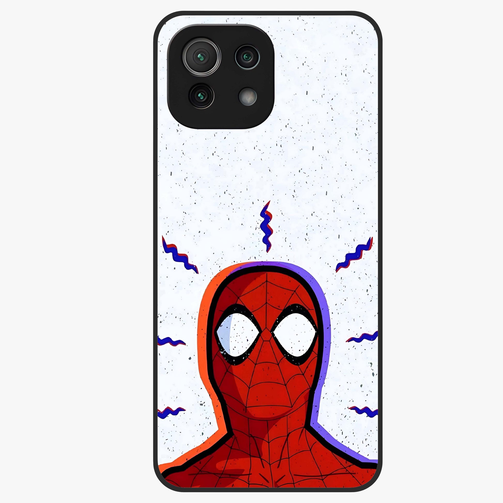 Omg Spiderman Glass Case showing flat back view with bold superhero inspired artwork and glossy glass finish.