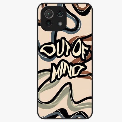 Out Of Mind Glass Case showing flat back view with expressive typography artwork and glossy glass finish.