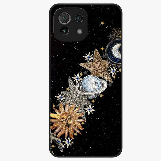 Pearls Universe Object Glass Case showing flat back view with pearl inspired cosmic artwork and glossy glass finish.