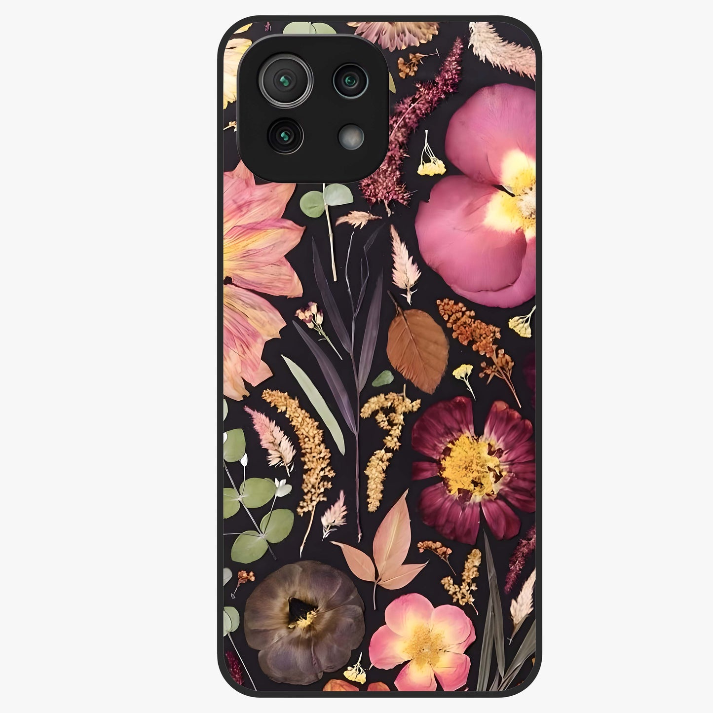 Petal Dream Tapestry Glass Case showing flat back view with intricate floral tapestry artwork and glossy glass finish.