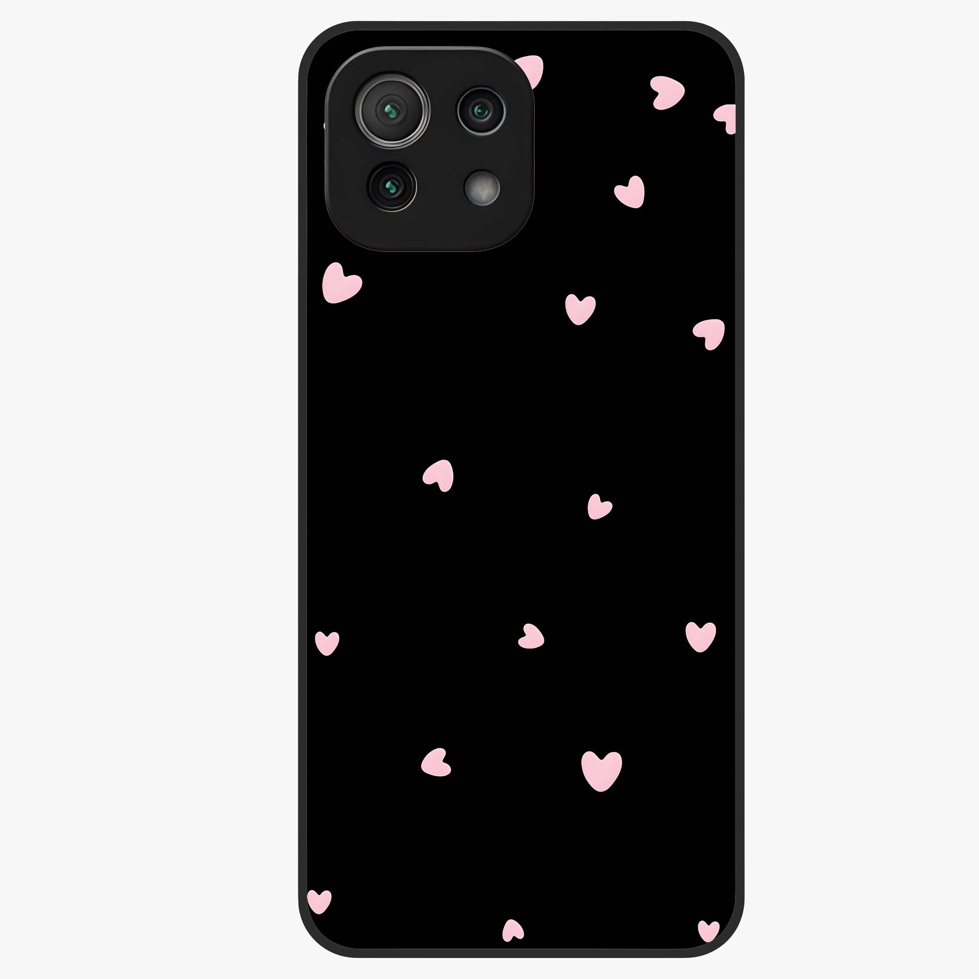 Pink Love Drops Glass Case showing flat back view with playful pink heart drops artwork and glossy glass finish.