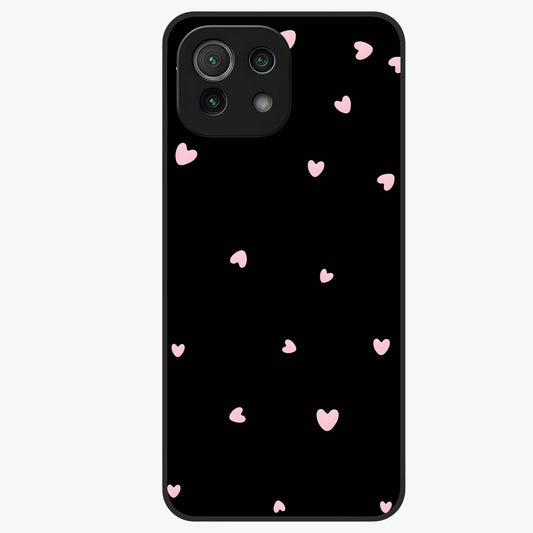 Pink Love Drops Glass Case showing flat back view with playful pink heart drops artwork and glossy glass finish.