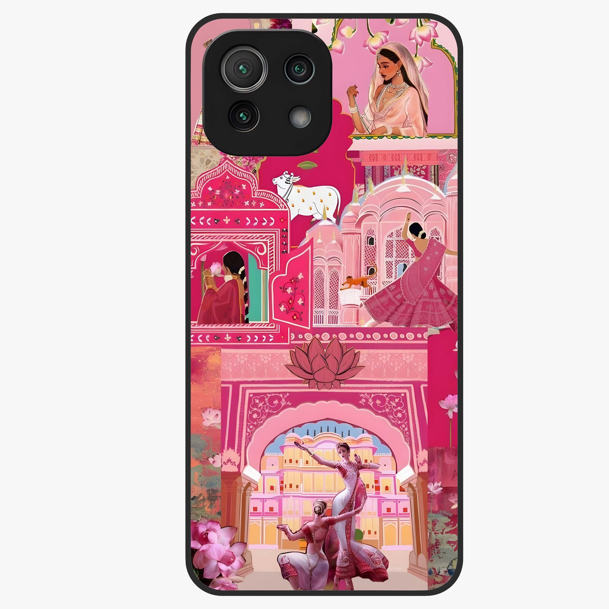 Pink Palace Muse Glass Case showing flat back view with elegant palace inspired artwork and glossy glass finish.
