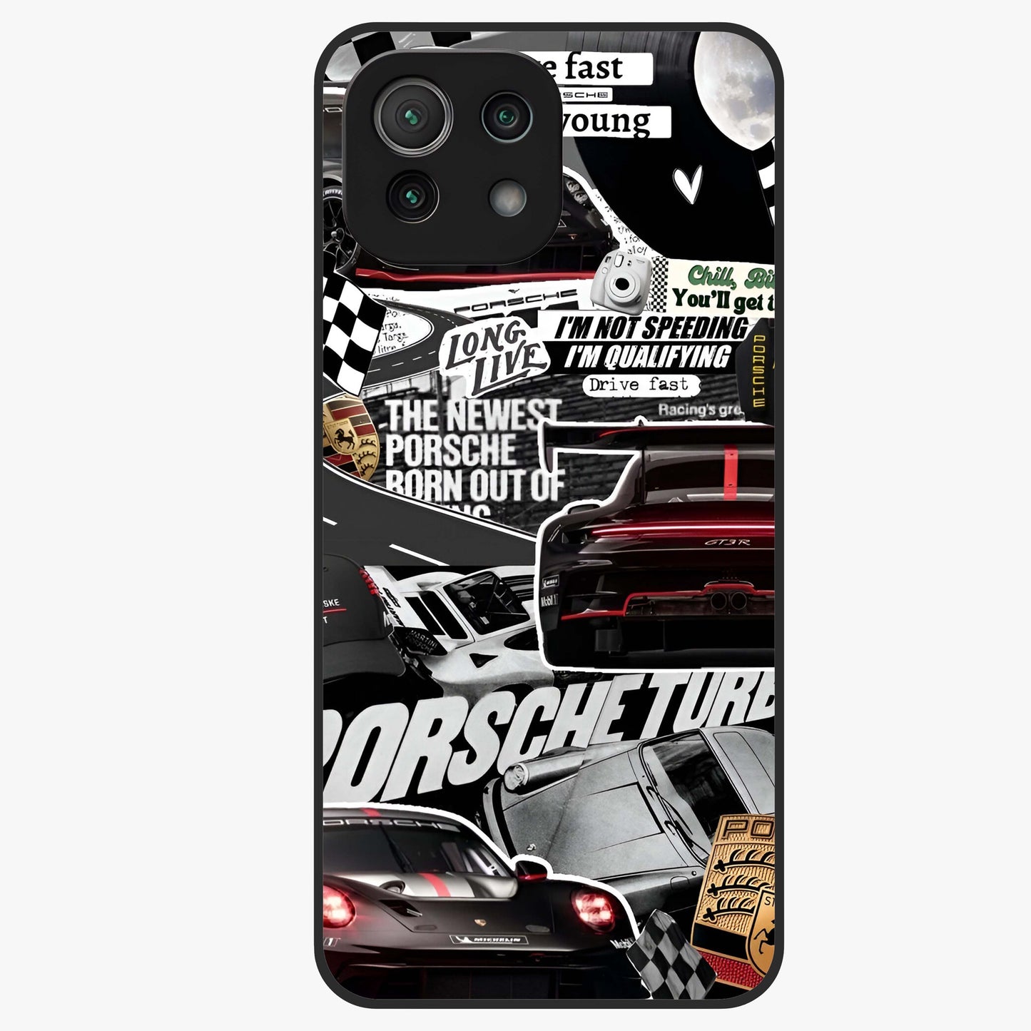 Porsche Racing Collage Glass Case showing flat back view with sports car racing collage artwork and glossy glass finish.