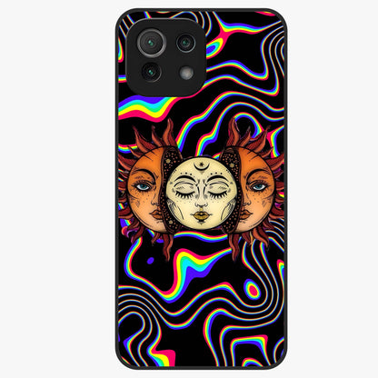 Psychedelic Sun Glass Case showing flat back view with colorful psychedelic sun artwork and glossy glass finish.