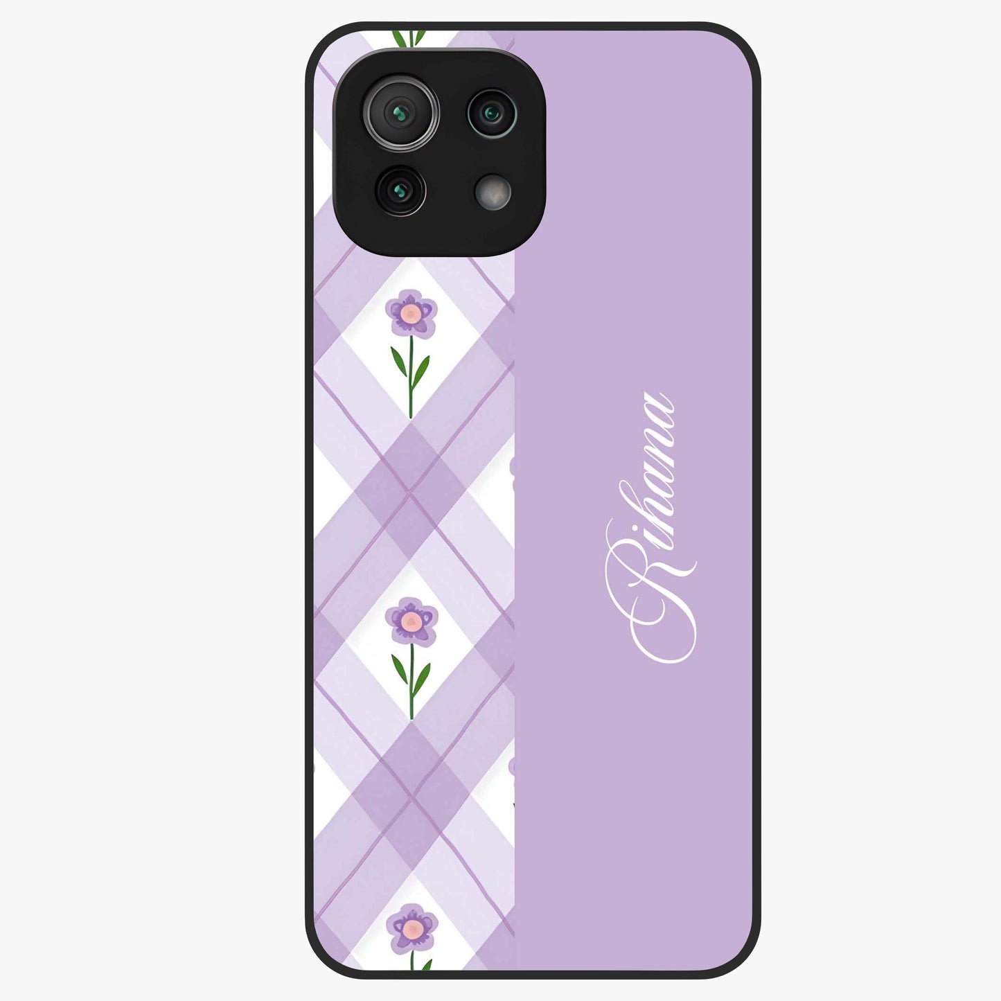 Purple Diamond Floral Glass Case showing flat back view with diamond shaped floral artwork and glossy glass finish.