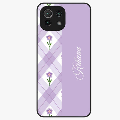 Purple Diamond Floral Glass Case showing flat back view with diamond shaped floral artwork and glossy glass finish.
