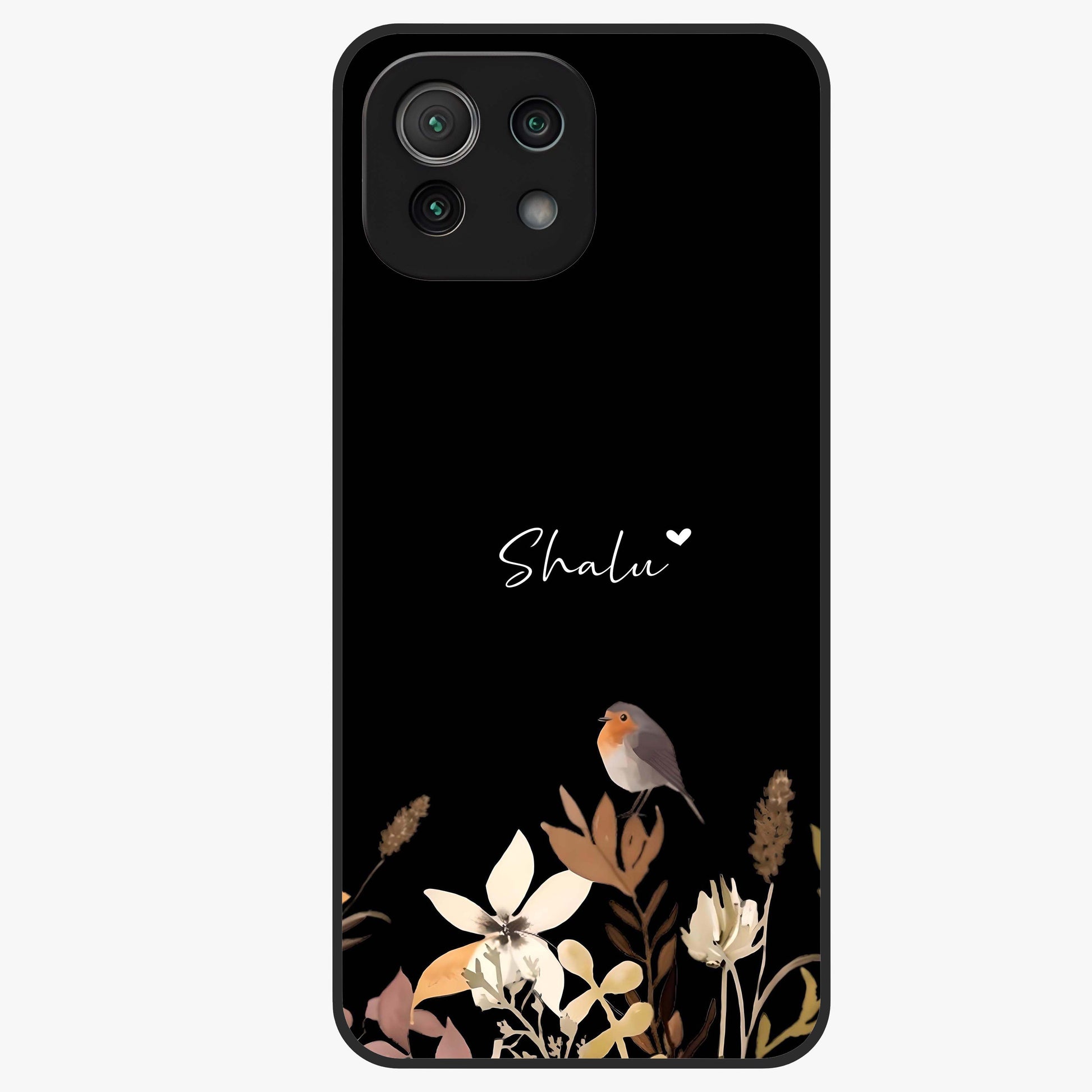 Quiet Garden Tune Custom Name Glass Case showing flat back view with peaceful garden artwork and personalized name design.