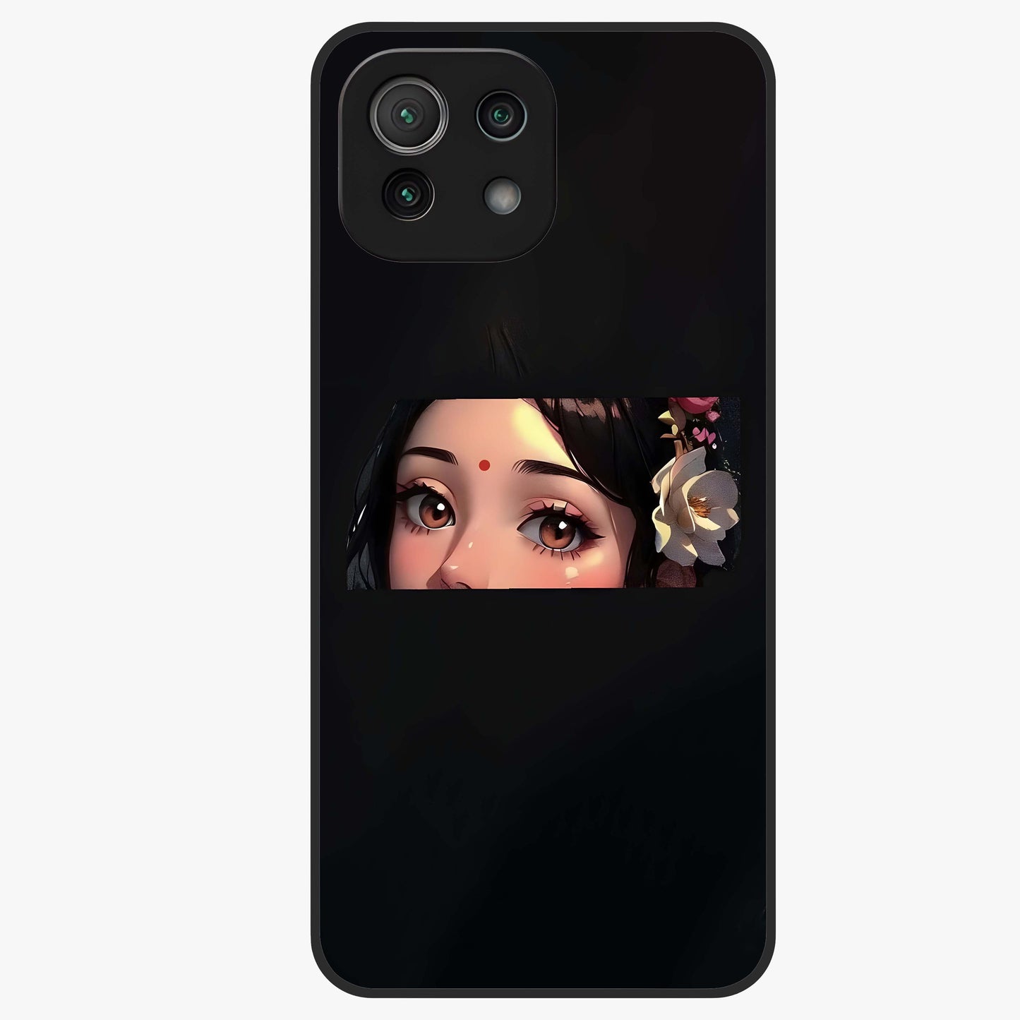 Radha Divine Embrace Glass Case showing flat back view with devotional Radha artwork and glossy glass finish.