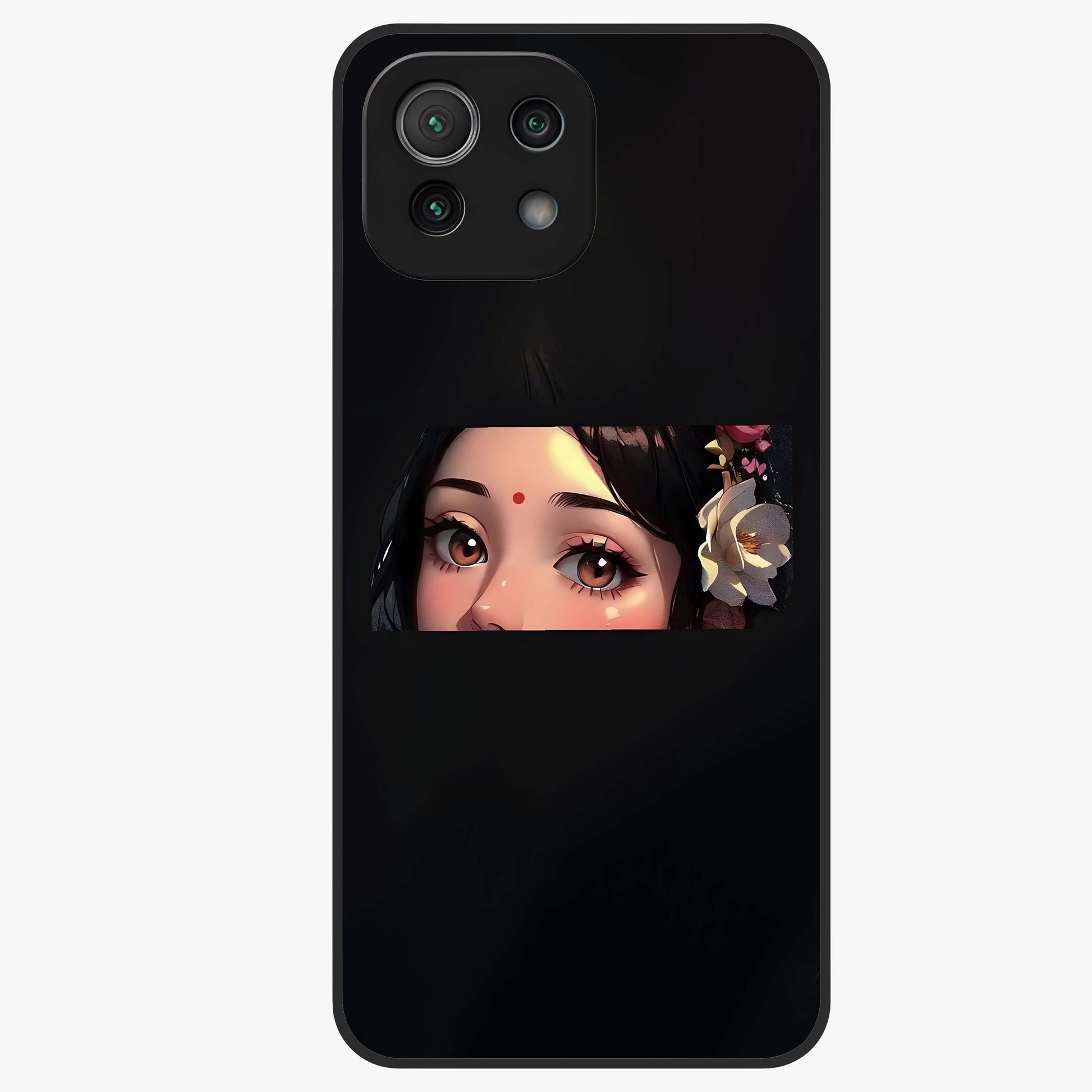 Radha Divine Embrace Glass Case showing flat back view with devotional Radha artwork and glossy glass finish.