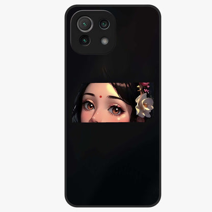 Radha Divine Embrace Glass Case showing flat back view with devotional Radha artwork and glossy glass finish.