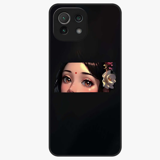 Radha Divine Embrace Glass Case showing flat back view with devotional Radha artwork and glossy glass finish.