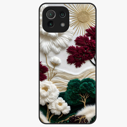 Radiant Bloom Elegance Glass Case showing flat back view with elegant blooming flower artwork and glossy glass finish.