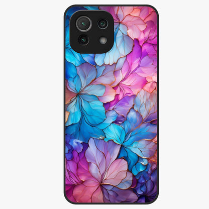 Radiant Floral Whirl Glass Case showing flat back view with swirling floral artwork and glossy glass finish.