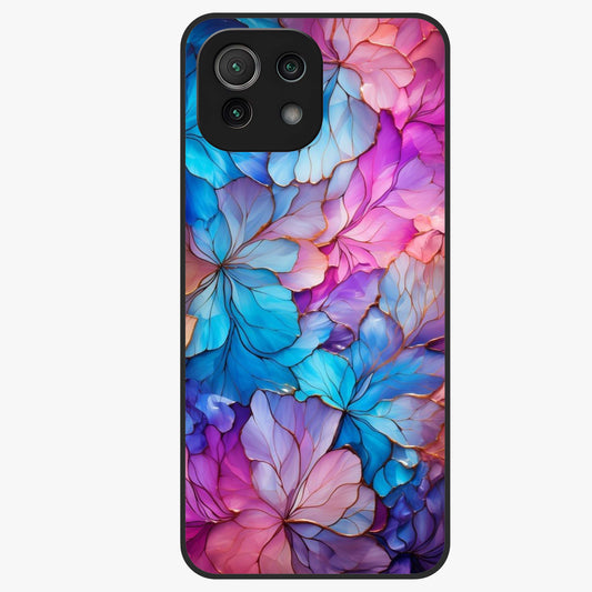 Radiant Floral Whirl Glass Case showing flat back view with swirling floral artwork and glossy glass finish.