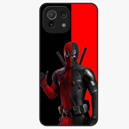 Red & Black Deadpool Theme Glass Case showing flat back view with bold comic inspired artwork and glossy glass finish.