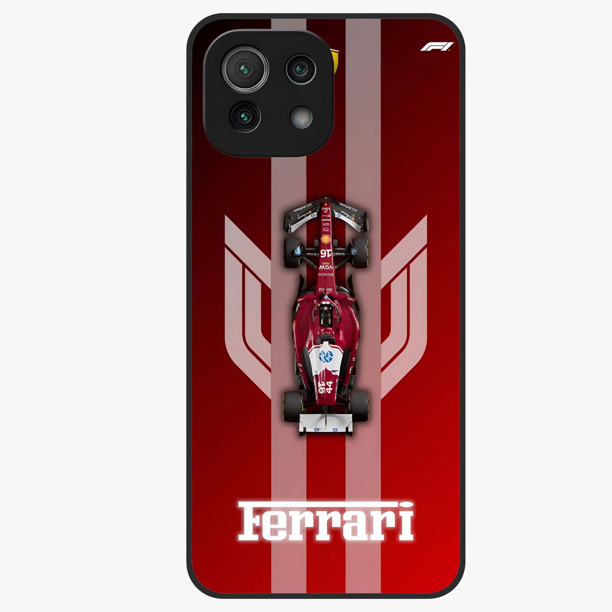 Red Ferrari F1 Vertical Glass Case showing flat back view with sleek Formula racing car artwork and glossy glass finish.