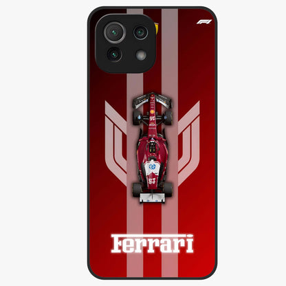 Red Ferrari F1 Vertical Glass Case showing flat back view with sleek Formula racing car artwork and glossy glass finish.