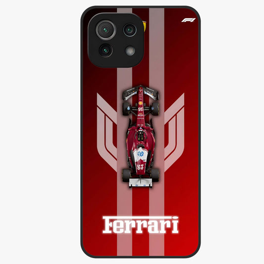 Red Ferrari F1 Vertical Glass Case showing flat back view with sleek Formula racing car artwork and glossy glass finish.