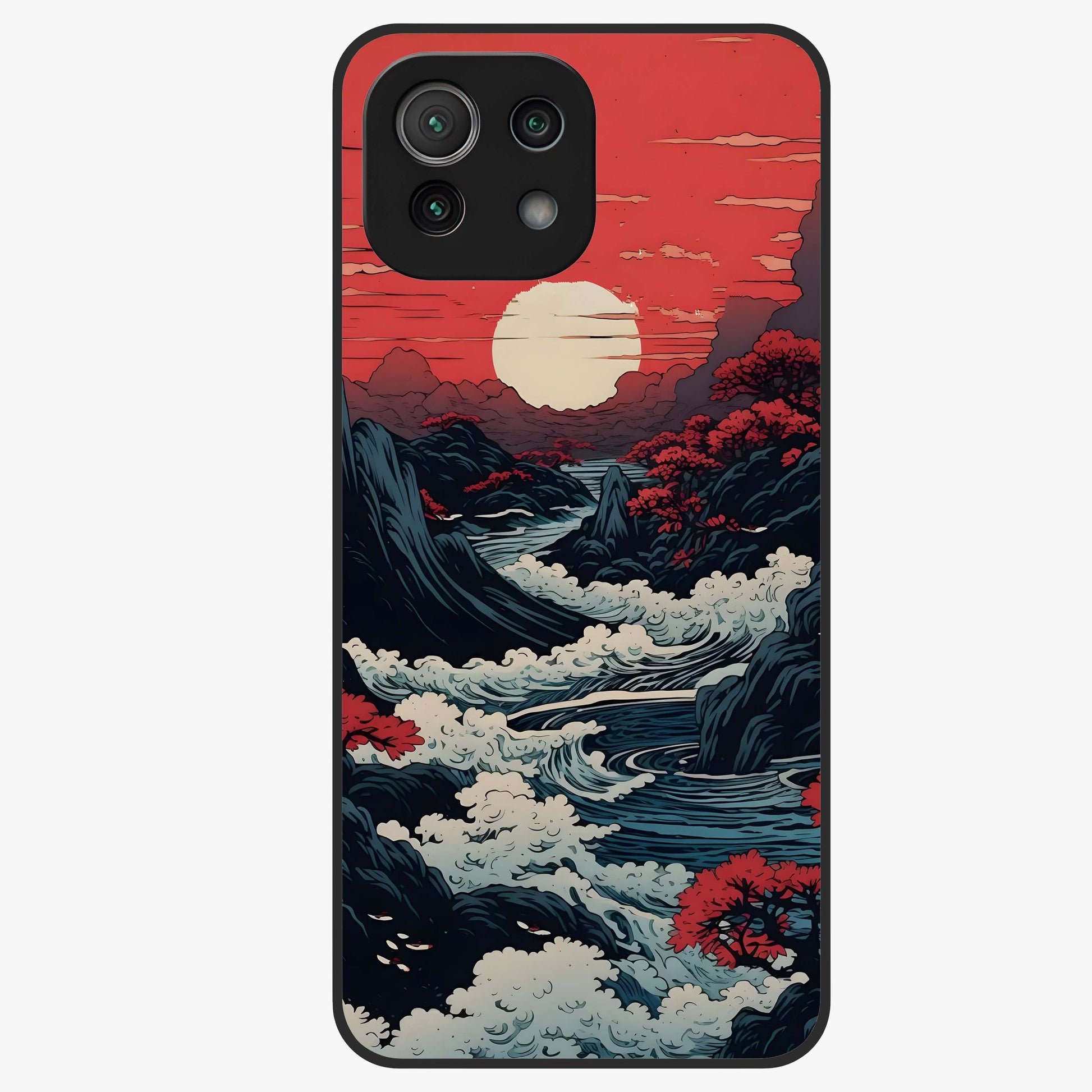 Red Sunset Scenery Glass Case showing flat back view with vibrant sunset landscape artwork and glossy glass finish.