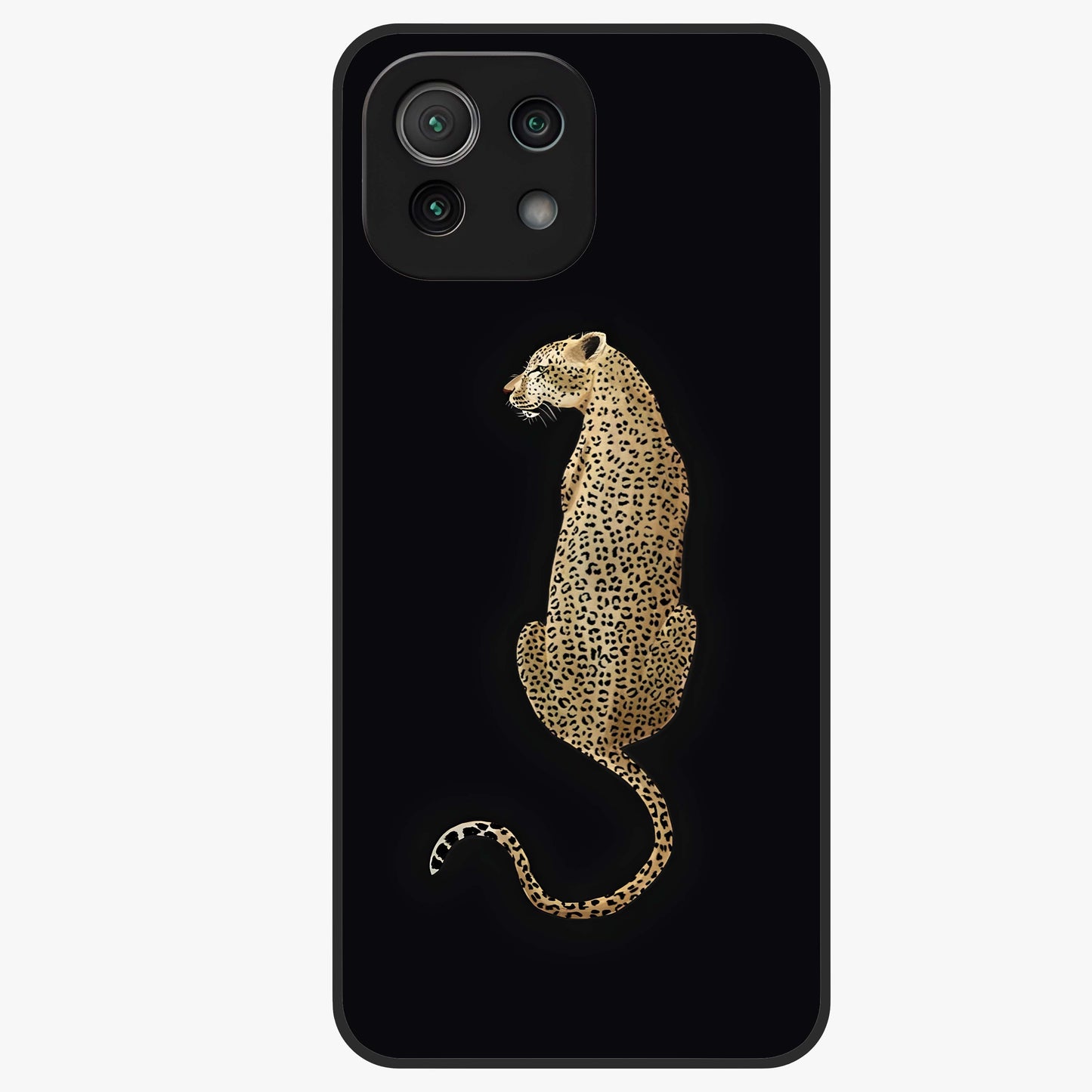 Regal Leopard Glass Case showing flat back view with bold leopard artwork and glossy glass finish.