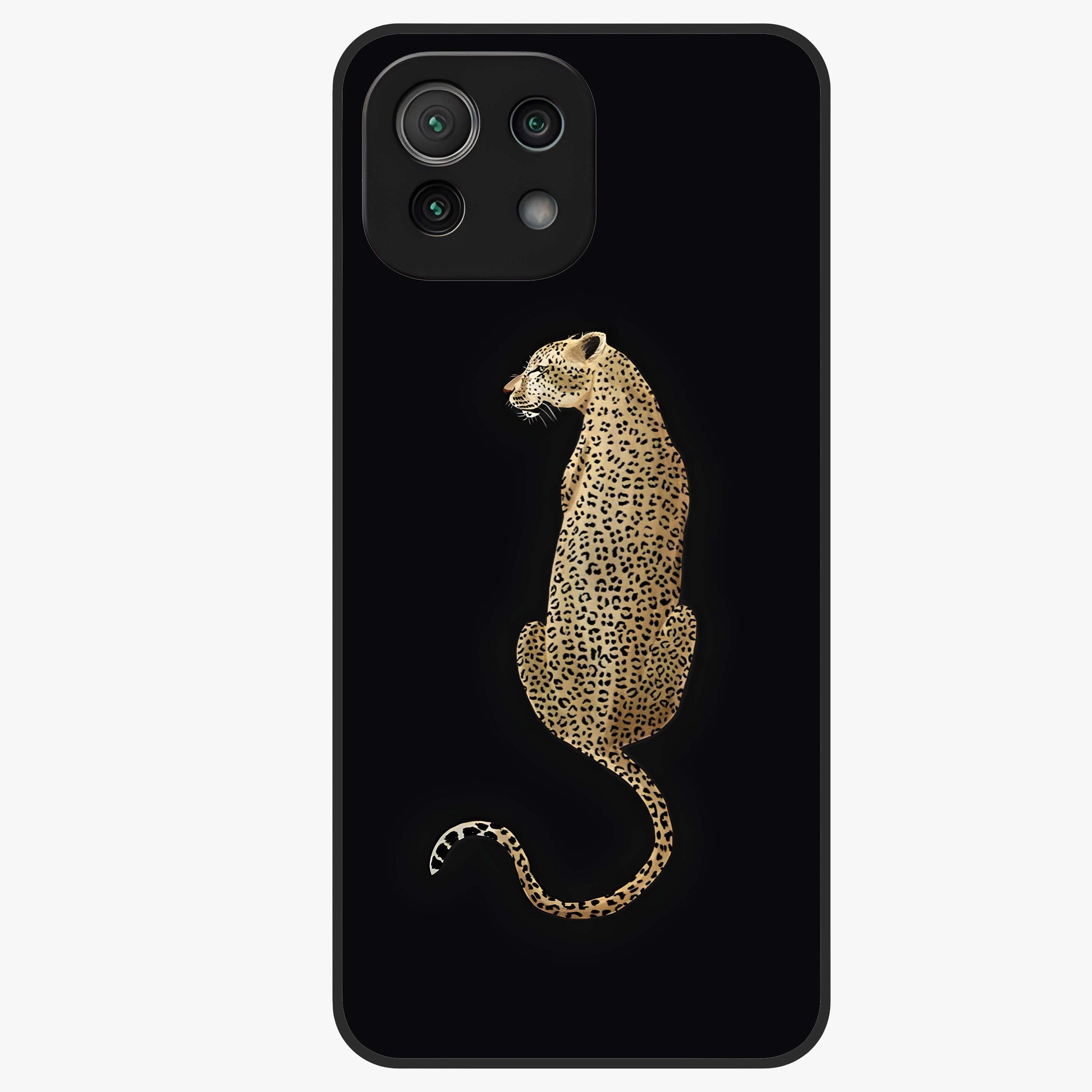 Regal Leopard Glass Case showing flat back view with bold leopard artwork and glossy glass finish.