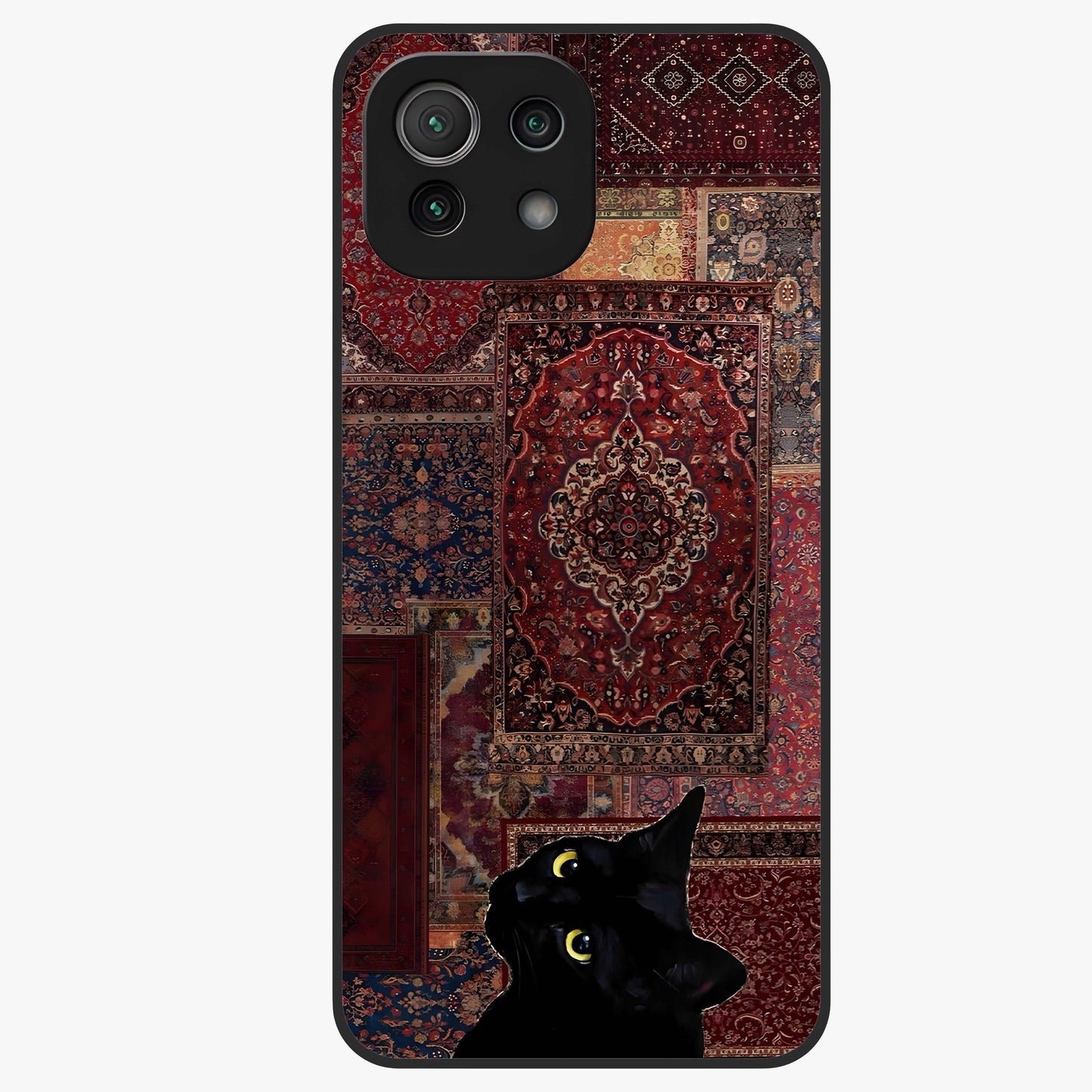Regal Magic Cat Apple Glass Case showing flat back view with magical cat artwork holding apple and glossy glass finish.