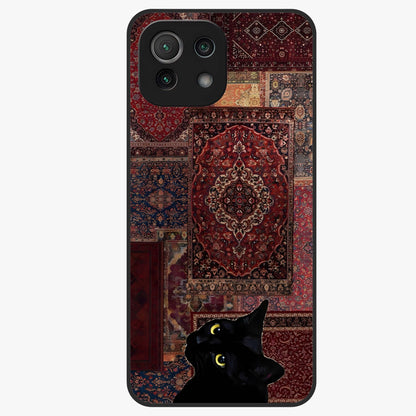 Regal Magic Cat Apple Glass Case showing flat back view with magical cat artwork holding apple and glossy glass finish.