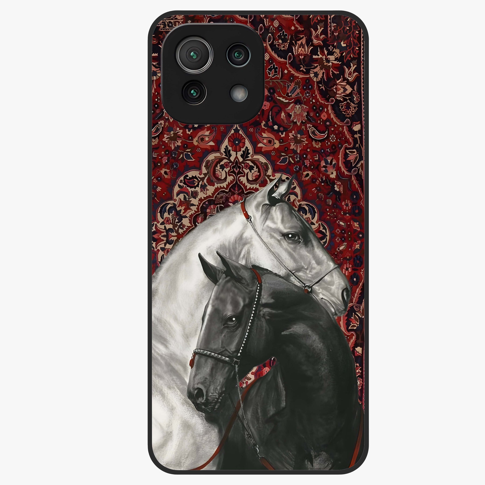 Regal Stallion Tapestry Glass Case showing flat back view with majestic horse tapestry artwork and glossy glass finish.