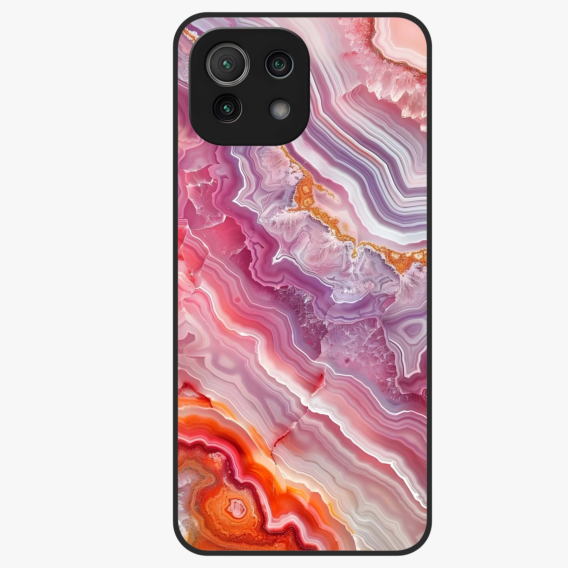 Rose Quartz Marble Glass Case showing flat back view with pink marble quartz texture artwork and glossy glass finish.