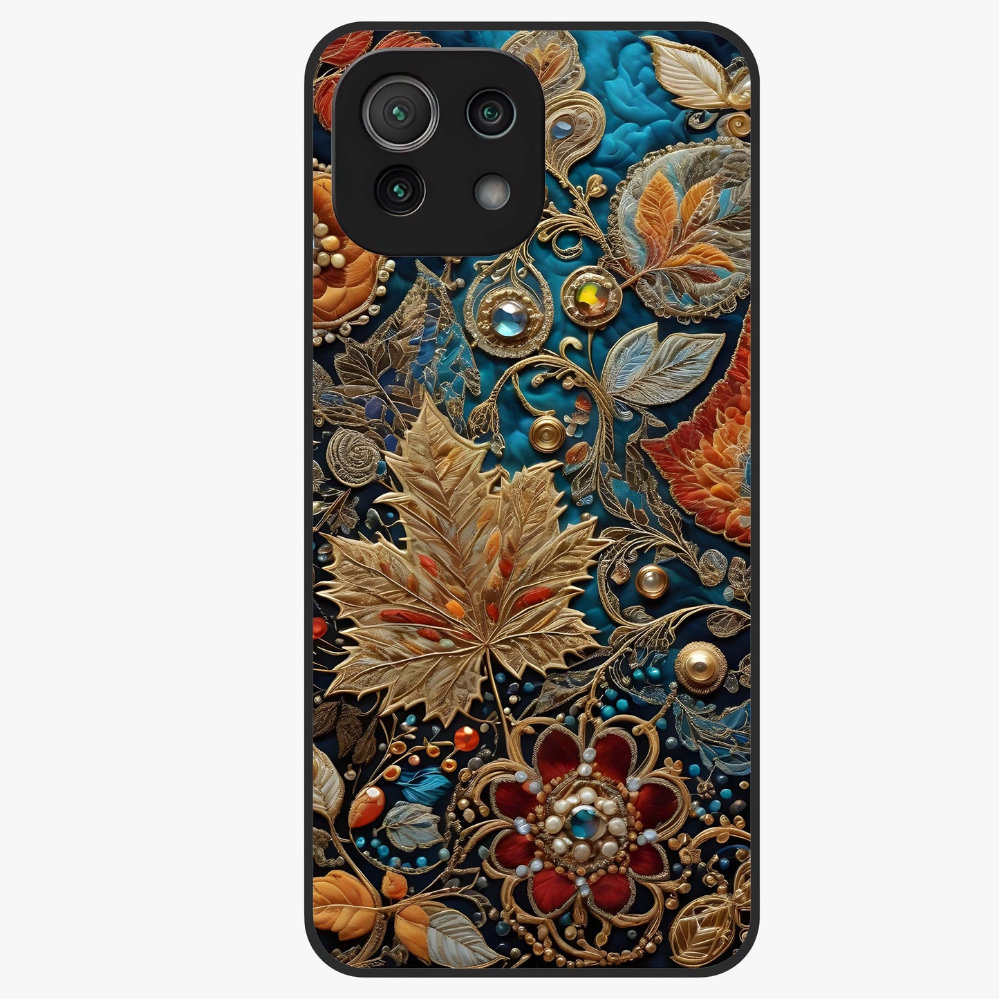 Royal Jewel Garden Glass Case showing flat back view with decorative floral garden artwork and glossy glass finish.
