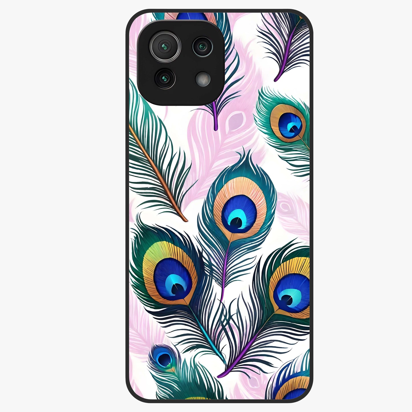 Royal Peacock Feathers Glass Case showing flat back view with colorful peacock feather artwork and glossy glass finish.