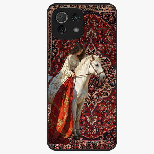 Royal Rider Tapestry Glass Case showing flat back view with majestic horse rider tapestry artwork and glossy glass finish.