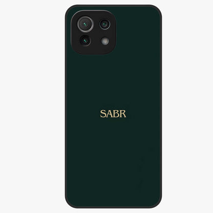 Sabr Minimal Patience Glass Case showing flat back view with minimalist typography artwork and glossy glass finish.