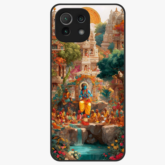 Sacred Sunlight Gods Glass Case showing flat back view with divine sunlight themed artwork and glossy glass finish.