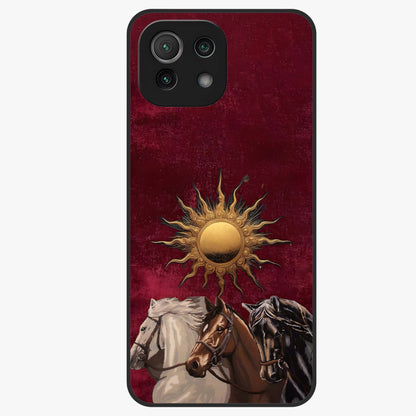 Solar Riders Glass Case showing flat back view with dynamic rider themed artwork and glossy glass finish.